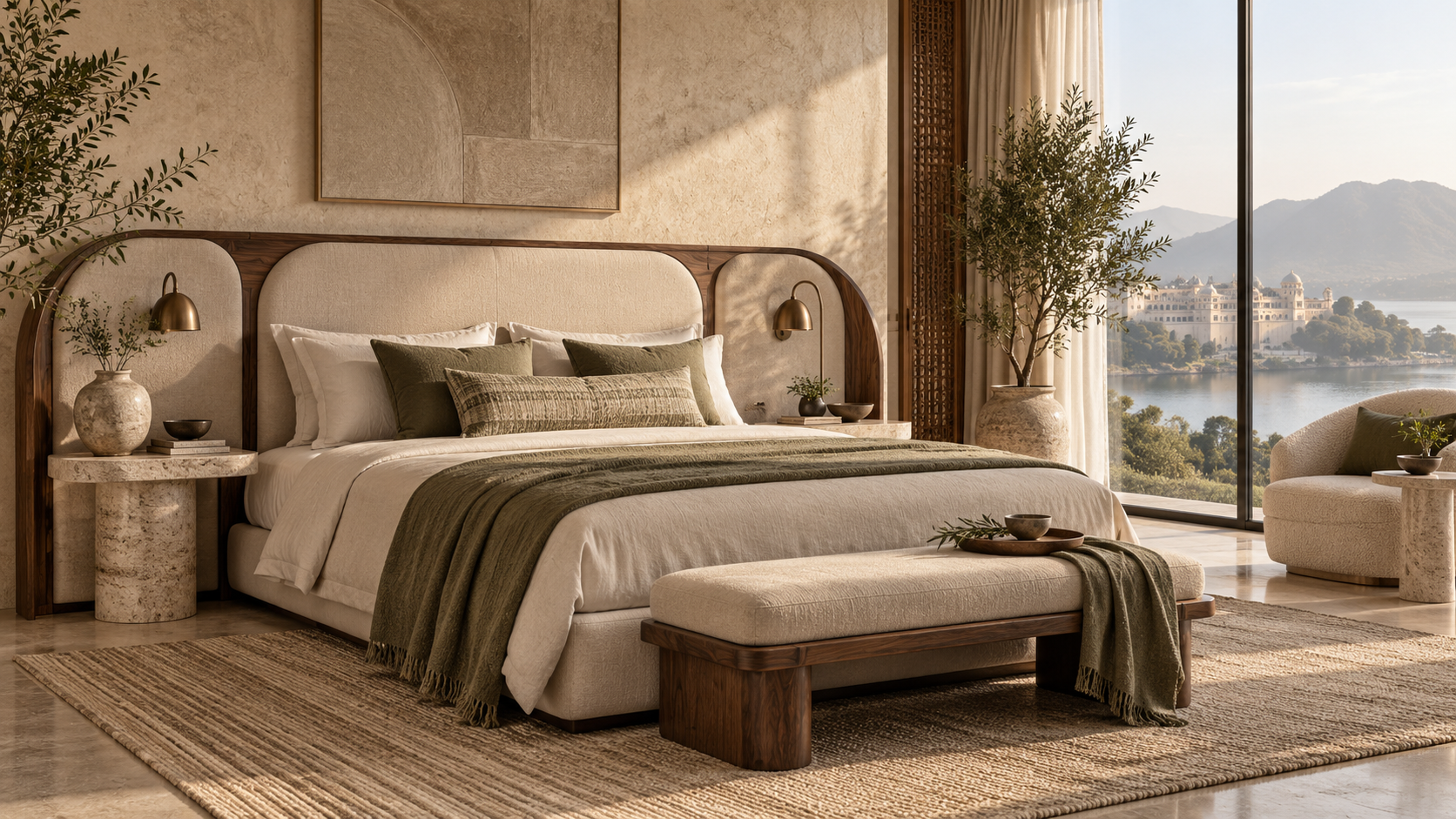 Warm contemporary bedroom concept with natural materials