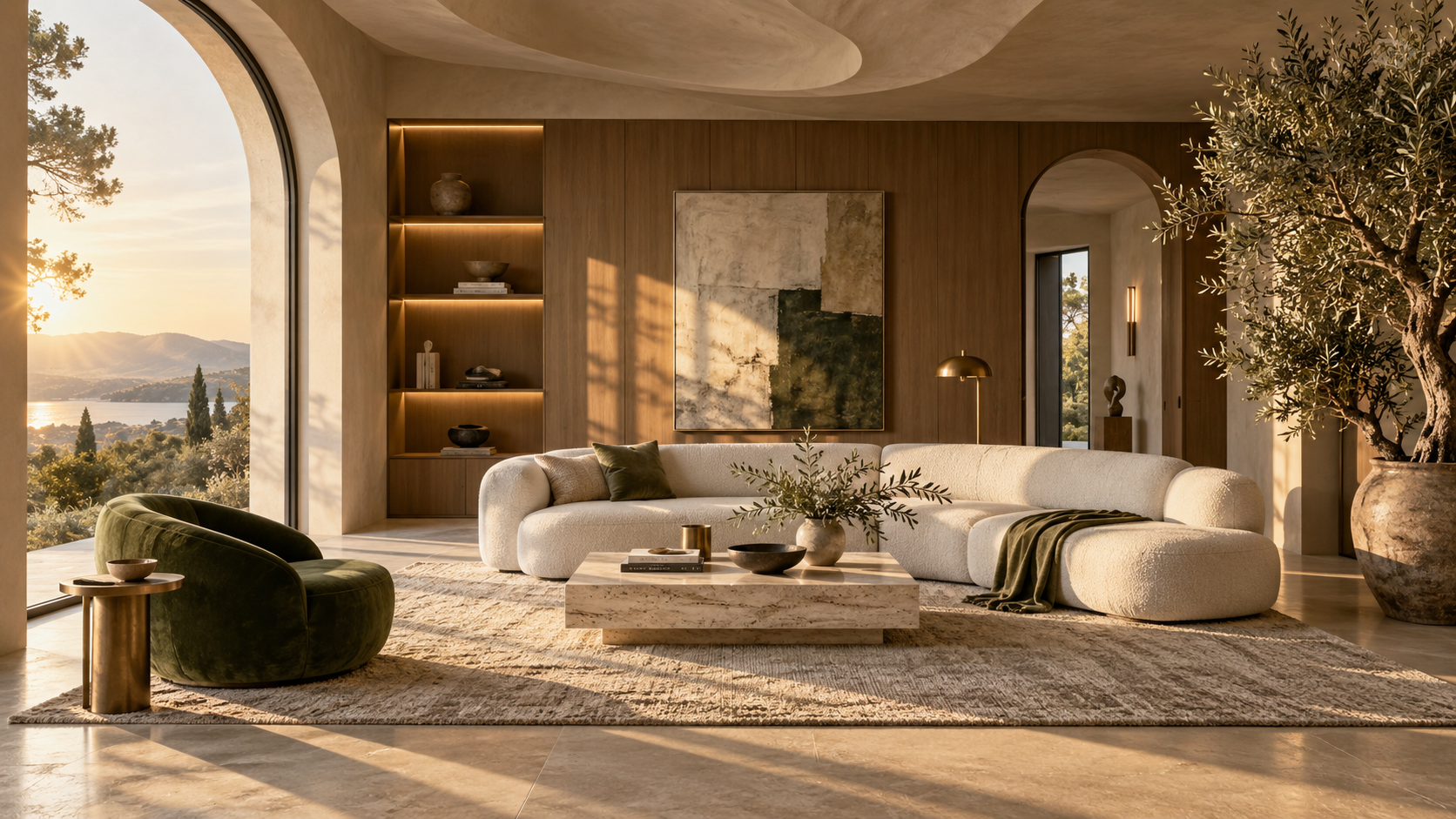 Sunlit concept living room with an ivory sofa, olive lounge chair and travertine table